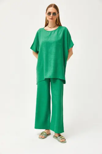 Women's Green Top Loose Blouse Bottom Pocket Palazzo Linen - OLALOOK (1)