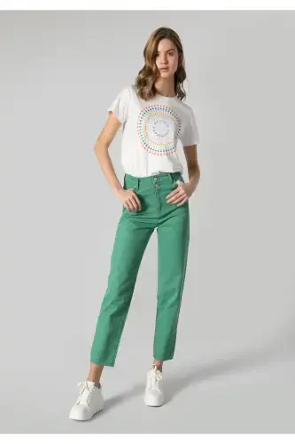 Women's green trousers, straight leg, high waist. - 1