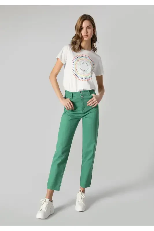 Women's green trousers, straight leg, high waist. - 1