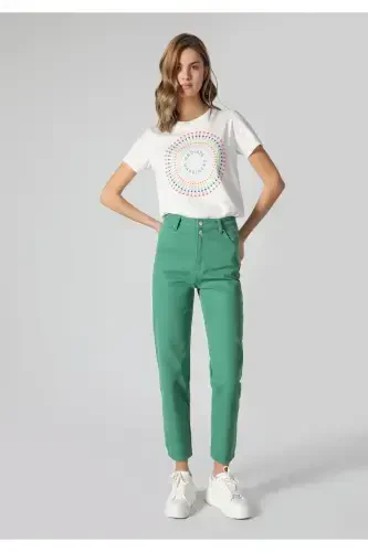 Women's green trousers, straight leg, high waist. - 3