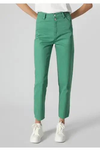 Women's green trousers, straight leg, high waist. - 4