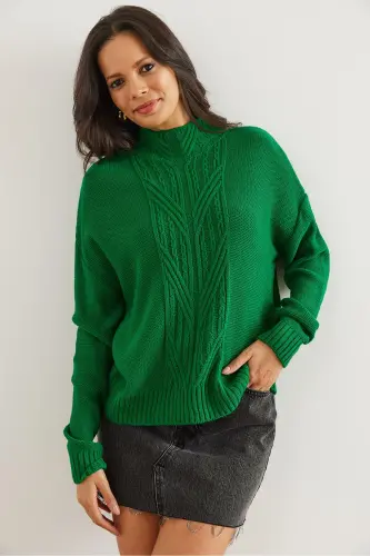 Women's Green Turtleneck Cable Knit Sweater KZK-19000912-Green - 3