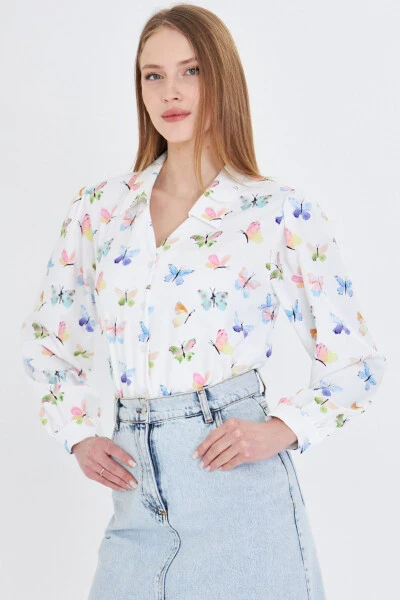 Women's Green V-Neck Balloon Sleeve Patterned Shirt ARM-25 