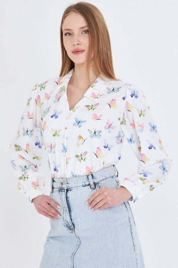 Women's Green V-Neck Balloon Sleeve Patterned Shirt ARM-25 - 1