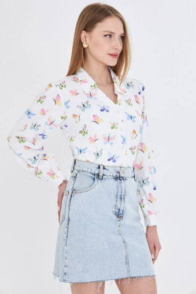 Women's Green V-Neck Balloon Sleeve Patterned Shirt ARM-25 - 2