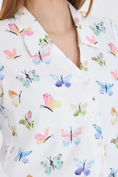 Women's Green V-Neck Balloon Sleeve Patterned Shirt ARM-25 - 3