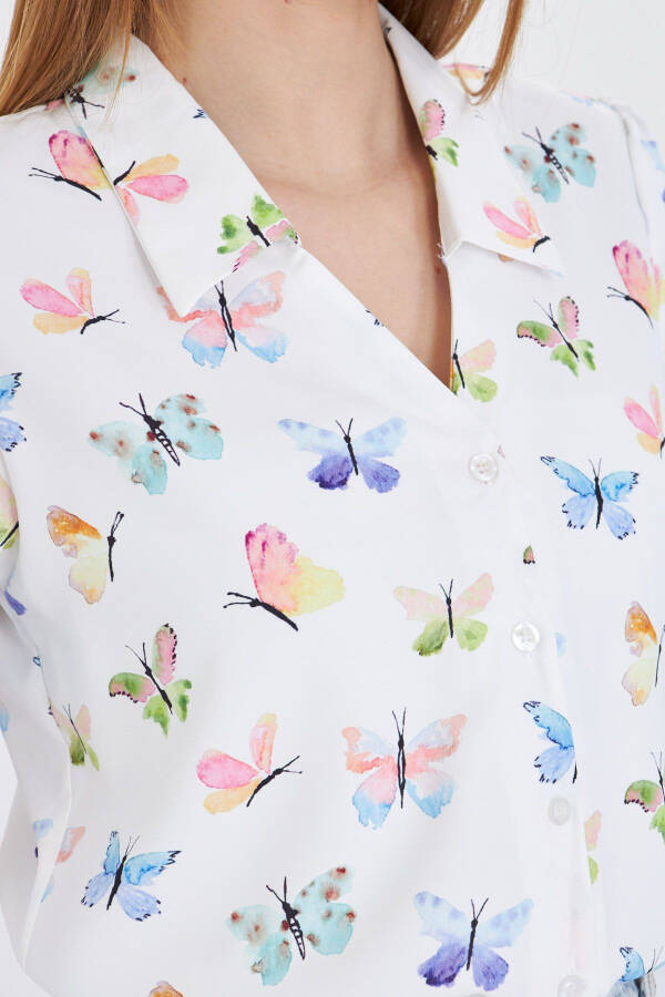 Women's Green V-Neck Balloon Sleeve Patterned Shirt ARM-25 - 3