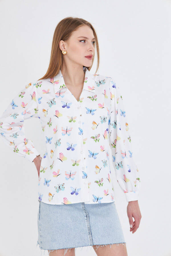 Women's Green V-Neck Balloon Sleeve Patterned Shirt ARM-25 - 4