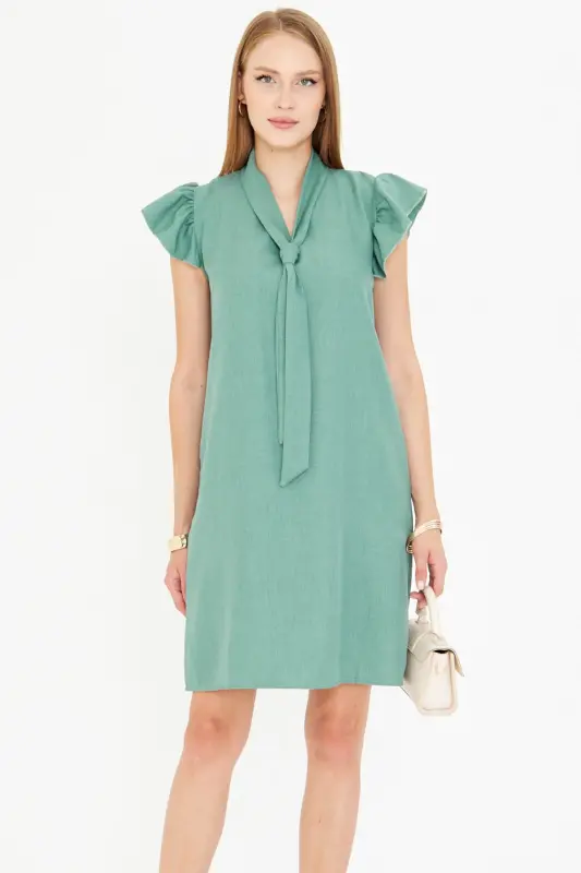 Women's Green V Neck Ruffled Sleeve Tie Detailed Dress ARM-25Y001022-Green - 7