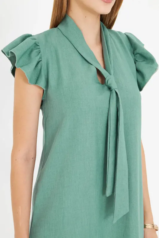 Women's Green V Neck Ruffled Sleeve Tie Detailed Dress ARM-25Y001022-Green - 4