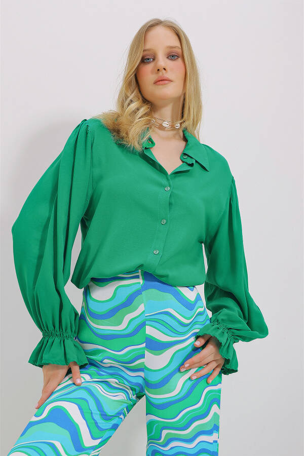 Women's Green Voluminous Sleeves Viscose Woven Shirt ALC-X11431 - 3