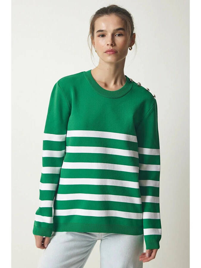 Women's Green White Striped Off-Shoulder Button Detail Crew Neck Sweater HZL24W-BD1102081 - 6