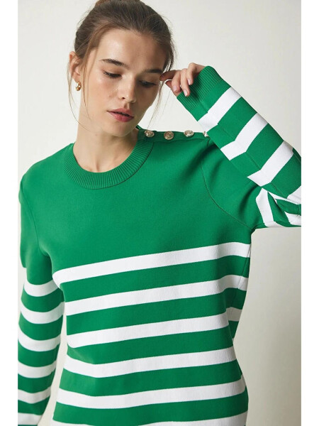 Women's Green White Striped Off-Shoulder Button Detail Crew Neck Sweater HZL24W-BD1102081 - 8