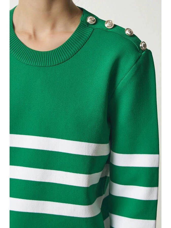 Women's Green White Striped Off-Shoulder Button Detail Crew Neck Sweater HZL24W-BD1102081 - 10