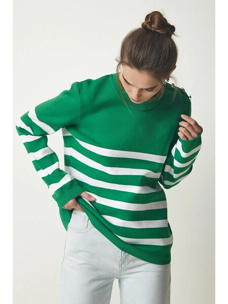 Women's Green White Striped Off-Shoulder Button Detail Crew Neck Sweater HZL24W-BD1102081 - LC WAIKIKI (1)