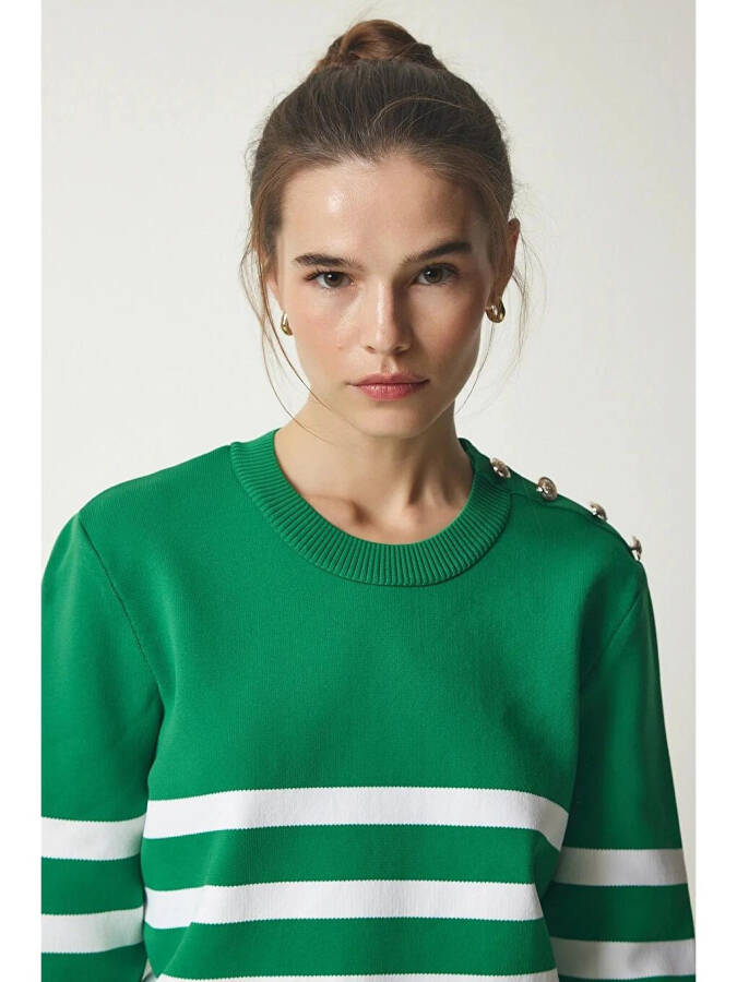 Women's Green White Striped Off-Shoulder Button Detail Crew Neck Sweater HZL24W-BD1102081 - 4