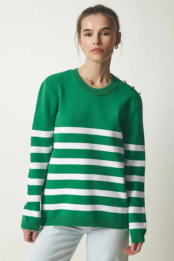 Women's Green White Striped Off-Shoulder Button Detail Crew Neck Sweater HZL24W-BD1102081 - 11