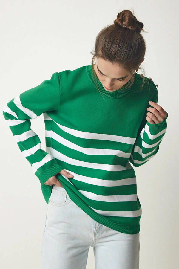 Women's Green White Striped Off-Shoulder Button Detail Crew Neck Sweater HZL24W-BD1102081 - 12