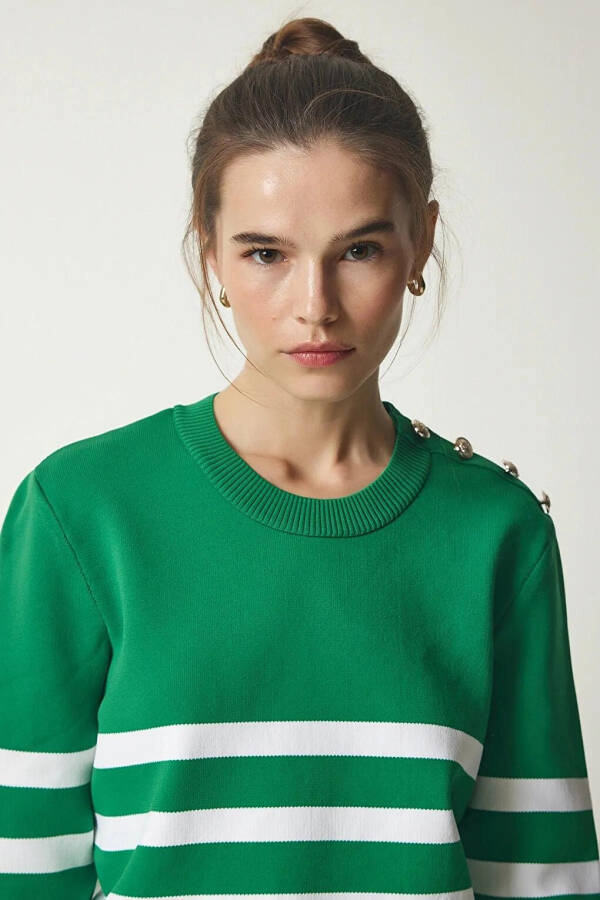 Women's Green White Striped Off-Shoulder Button Detail Crew Neck Sweater HZL24W-BD1102081 - 14