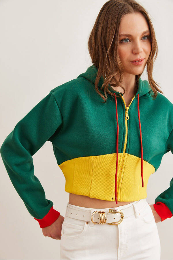 Women's Green Yellow Detailed Thistle Zippered Crop Sweatshirt SWT-19000707 - 1