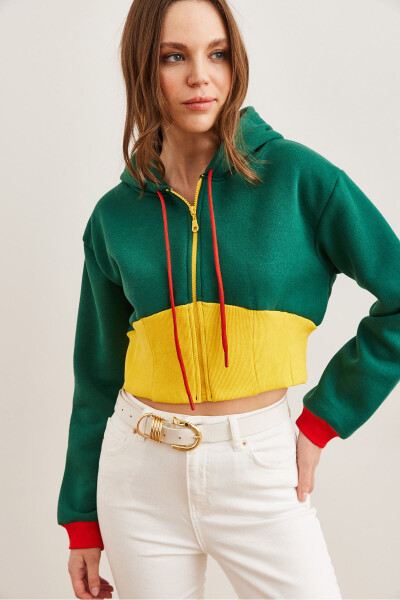 Women's Green Yellow Detailed Thistle Zippered Crop Sweatshirt SWT-19000707 - 3