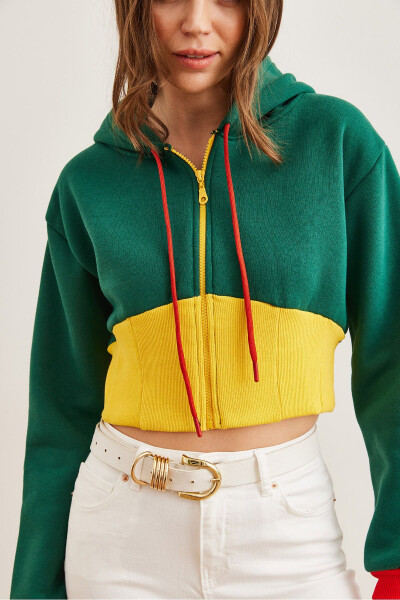 Women's Green Yellow Detailed Thistle Zippered Crop Sweatshirt SWT-19000707 - 4