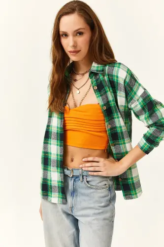Women's Green Yellow Plaid Flannel Shirt-Green Yellow - 1