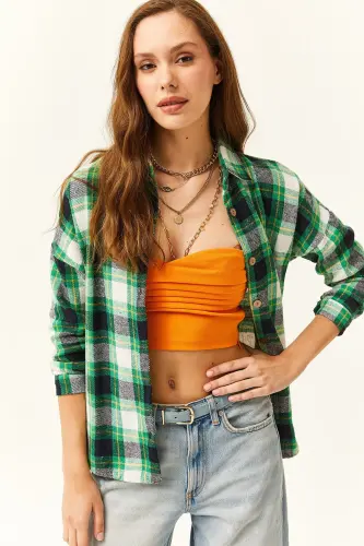 Women's Green Yellow Plaid Flannel Shirt-Green Yellow - 3