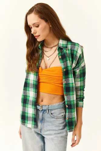 Women's Green Yellow Plaid Flannel Shirt-Green Yellow - 4