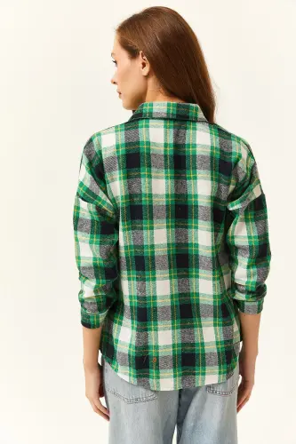 Women's Green Yellow Plaid Flannel Shirt-Green Yellow - 5