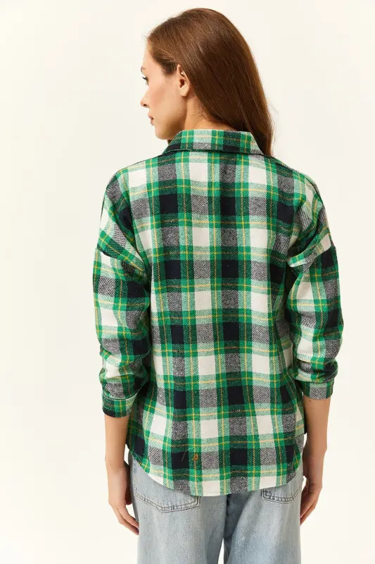 Women's Green Yellow Plaid Flannel Shirt-Green Yellow - 5