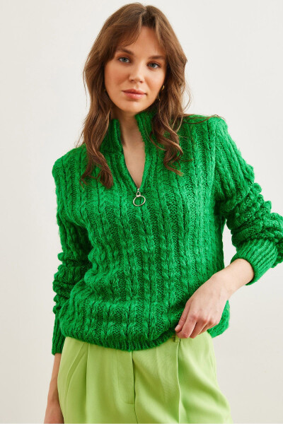 Women's Green Zip-Up Cable Knit Sweater KZK-19000937 - OLALOOK