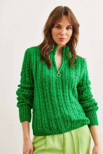 Women's Green Zip-Up Cable Knit Sweater KZK-19000937 - OLALOOK (1)