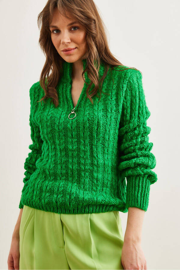 Women's Green Zip-Up Cable Knit Sweater KZK-19000937 - 3