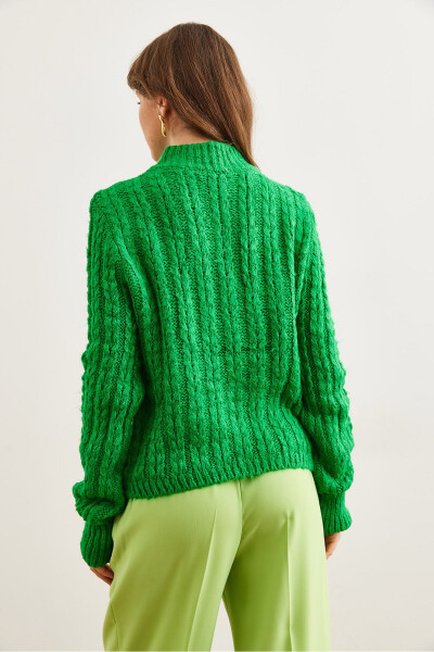 Women's Green Zip-Up Cable Knit Sweater KZK-19000937 - 5