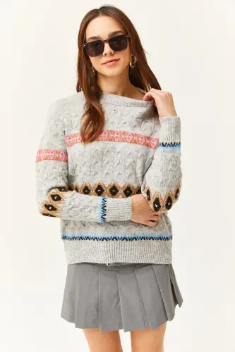 Women's Grey Argyle Striped Soft Textured Sweater KZK-19000790-Grey - 2