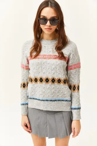 Women's Grey Argyle Striped Soft Textured Sweater KZK-19000790-Grey - 3