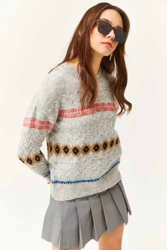 Women's Grey Argyle Striped Soft Textured Sweater KZK-19000790-Grey - 4