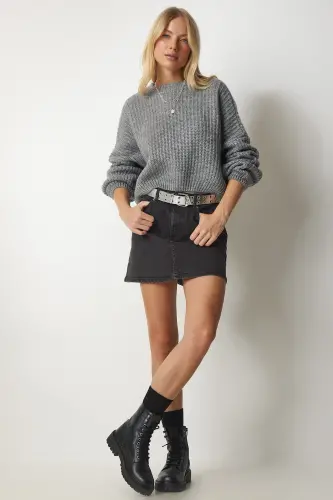 Women's Grey Balloon Sleeve Basic Knit Sweater BV00098-Grey - 3