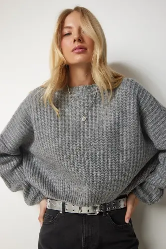 Women's Grey Balloon Sleeve Basic Knit Sweater BV00098-Grey - 4