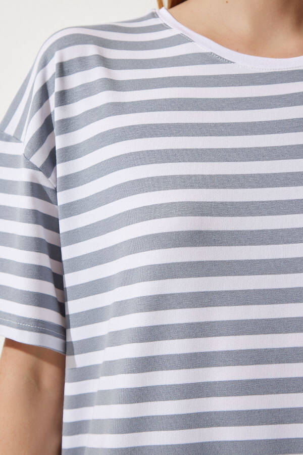 Women's Grey Bicycle Neck Striped Oversized Knit T-Shirt EN00609 - 4