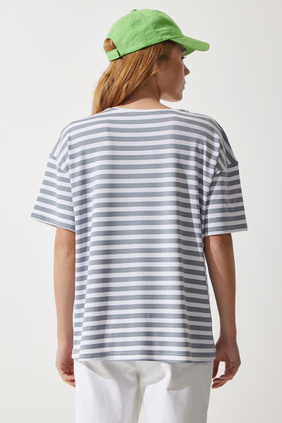 Women's Grey Bicycle Neck Striped Oversized Knit T-Shirt EN00609 - 5