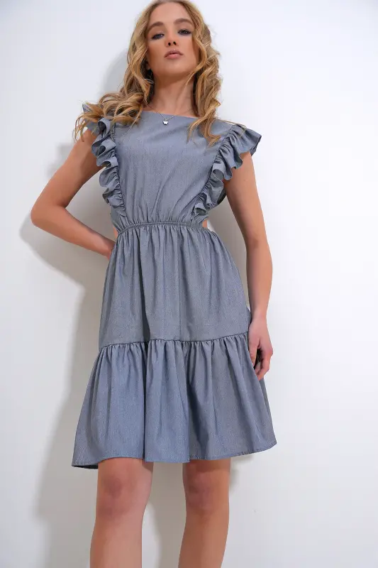 Women's Grey Boat Neckline Low-Cut Waist Ruffled Side Poplin Dress ALC-X8503-GREY - 4