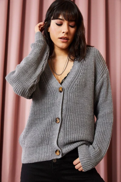 Women's Grey Buttoned Cardigan HRK-19000046 - OLALOOK (1)