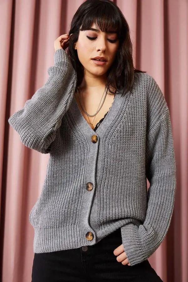 Women's Grey Buttoned Cardigan HRK-19000046 - 2