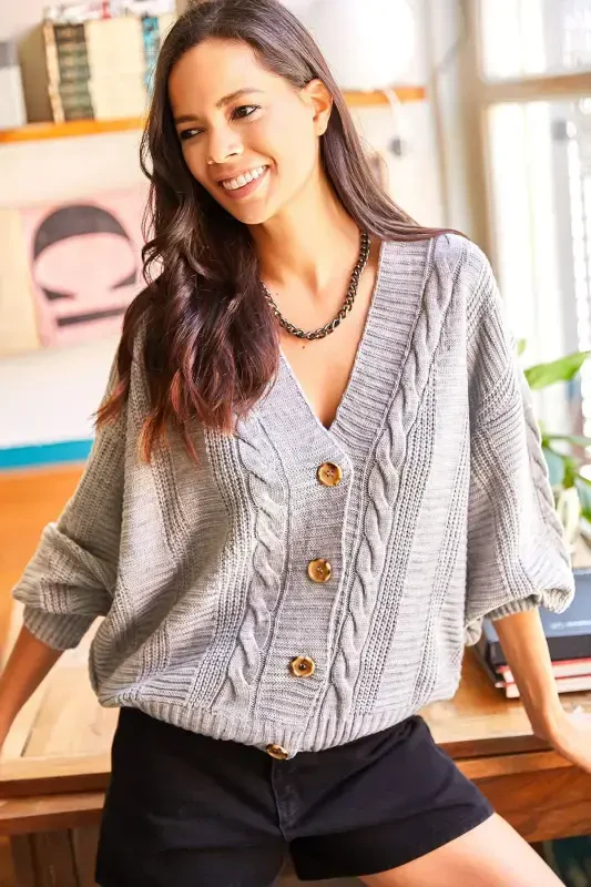 Women's Grey Chunky Braided Knit Cardigan HRK-19000082-Grey - OLALOOK