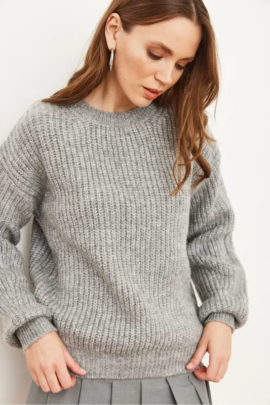 Women's Grey Chunky Knit Brushed Balloon Sleeve Knitwear Sweater KZK-19000863-Grey - 3