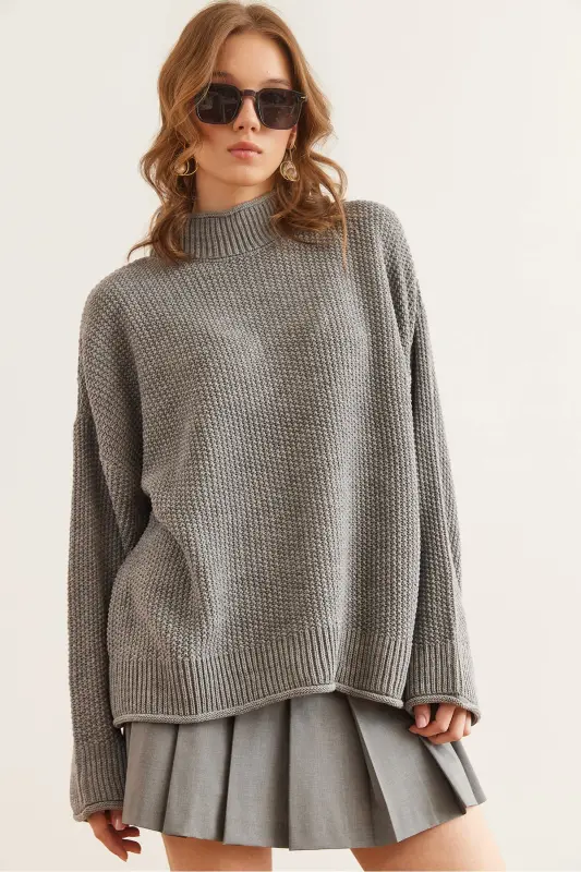 Women's Grey Collar Cuff Wavy Knitted Sweater KZK-19000825-Grey - 1