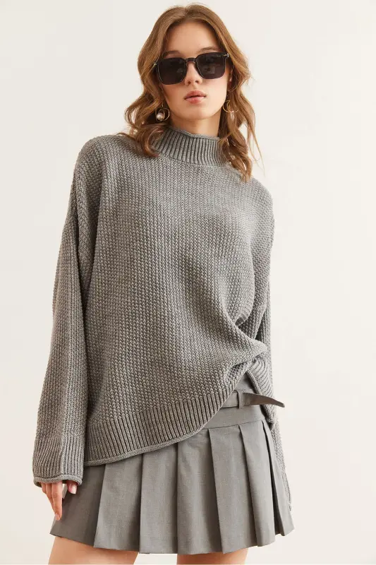 Women's Grey Collar Cuff Wavy Knitted Sweater KZK-19000825-Grey - 3