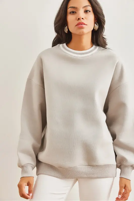 Women's Grey Collared Thistled Heavyweight Sweatshirt SWT-19000687 - 3